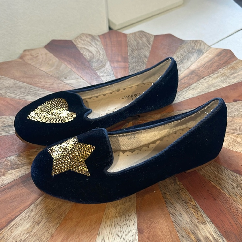 Boden Little Girls Navy blue Velvet flats with gold heart & star sequin size 27